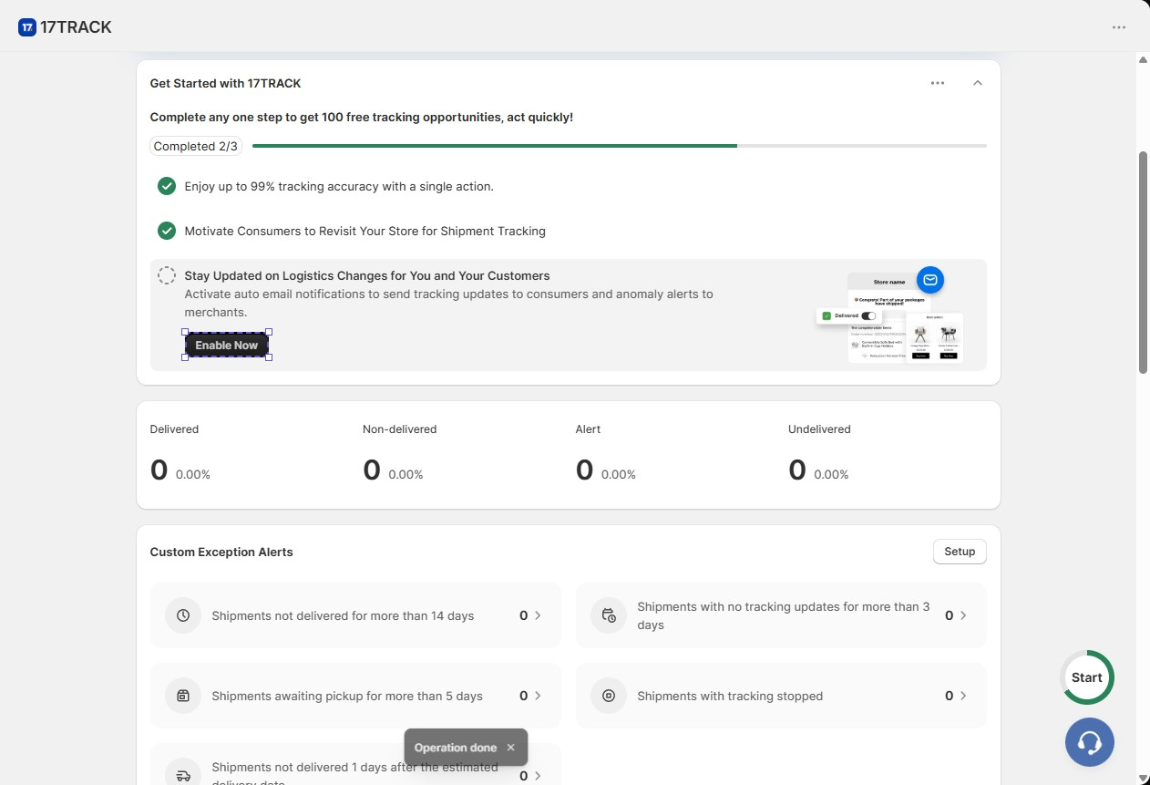 17TRACK dashboard showing the Get Started checklist, delivery status counts and Custom Exception Alerts for delayed, stalled and stopped shipments
