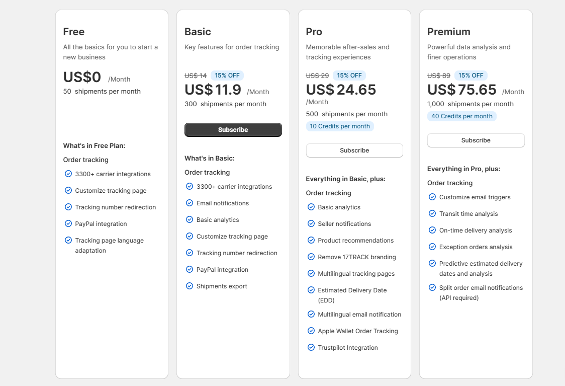 17TRACK in-app plan table showing Free, Basic, Pro and Premium plans with shipment limits, a 15% first-month discount and the features in each plan