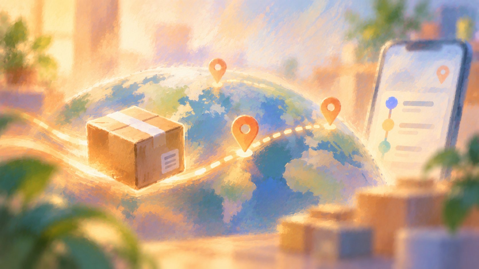 A soft impressionist painting of a parcel travelling along a glowing dotted route over a globe with location pins, beside a phone showing a delivery timeline.