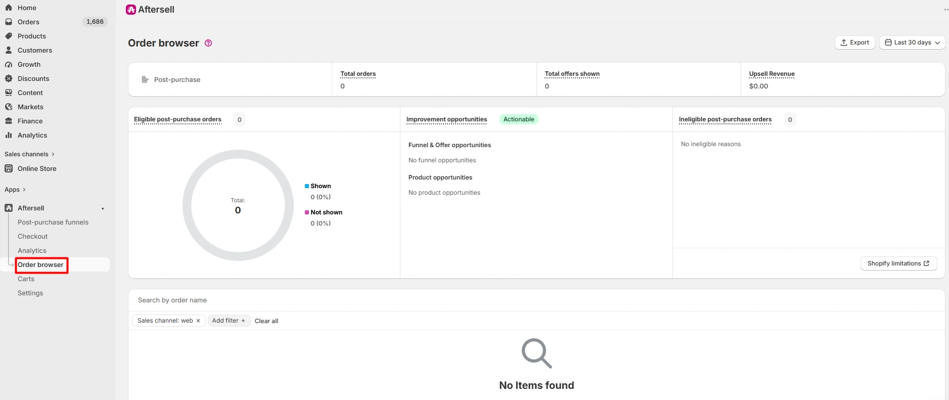 Aftersell Order Browser showing zero eligible post-purchase orders and no items found
