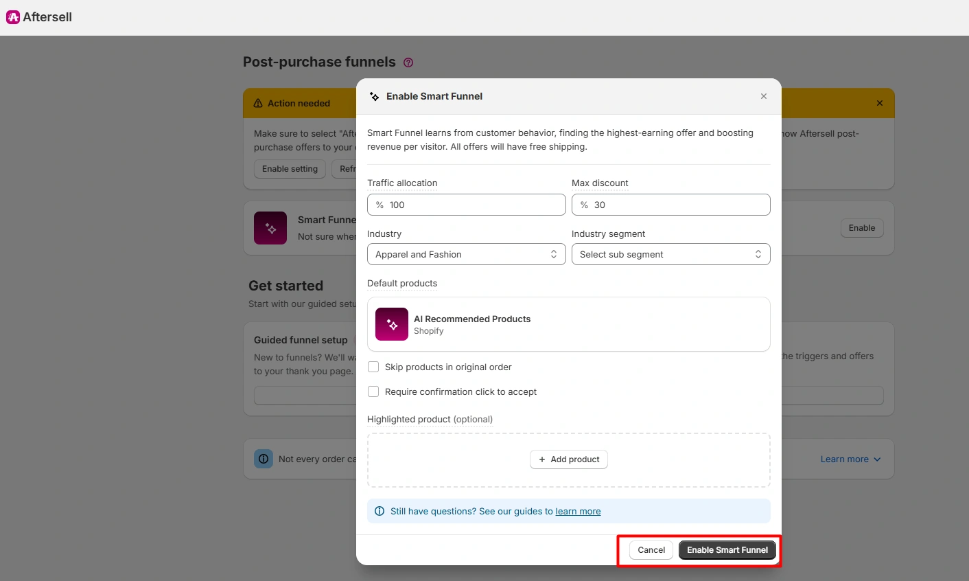 Aftersell Smart Funnel setup with traffic allocation, maximum discount, industry, and AI Recommended Products