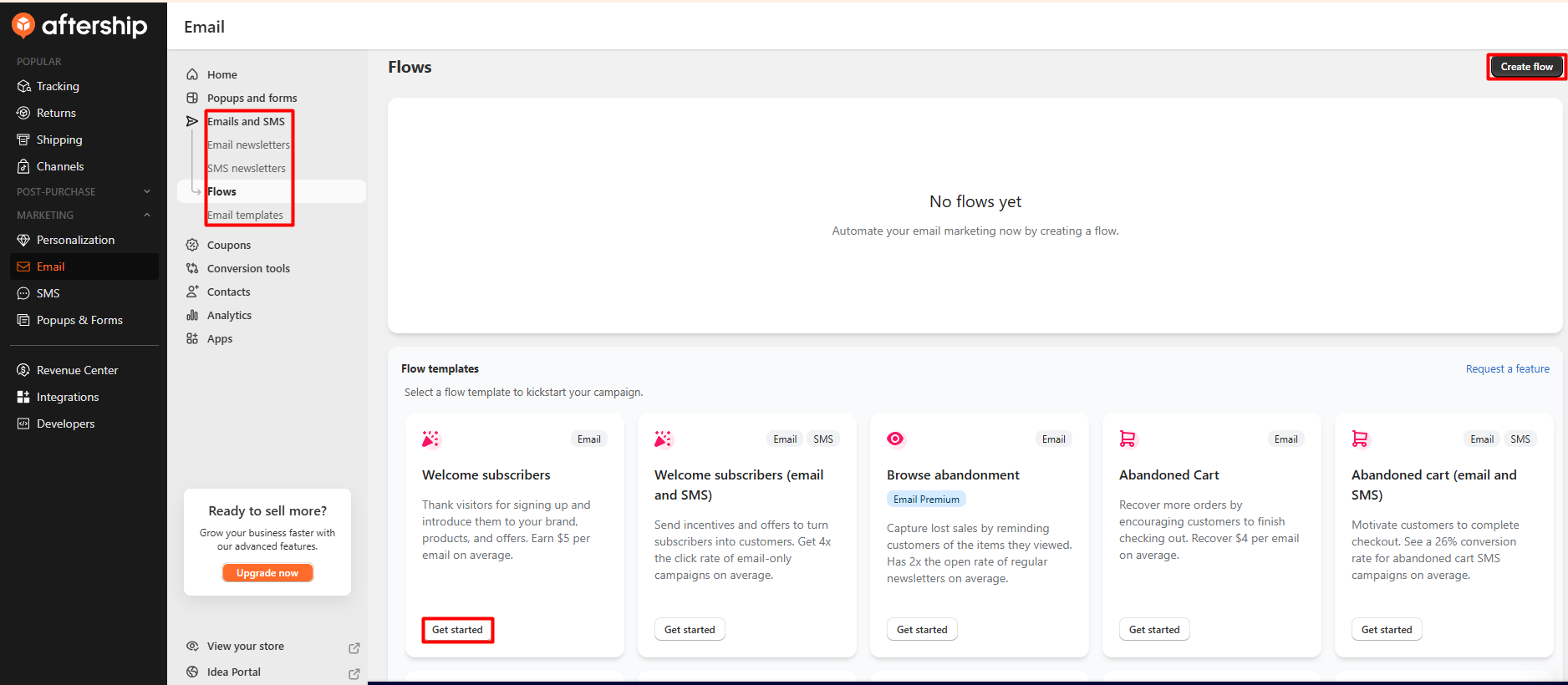 AfterShip Email Flows page under Emails and SMS showing templates for welcome subscribers, browse abandonment with an Email Premium label, and abandoned cart