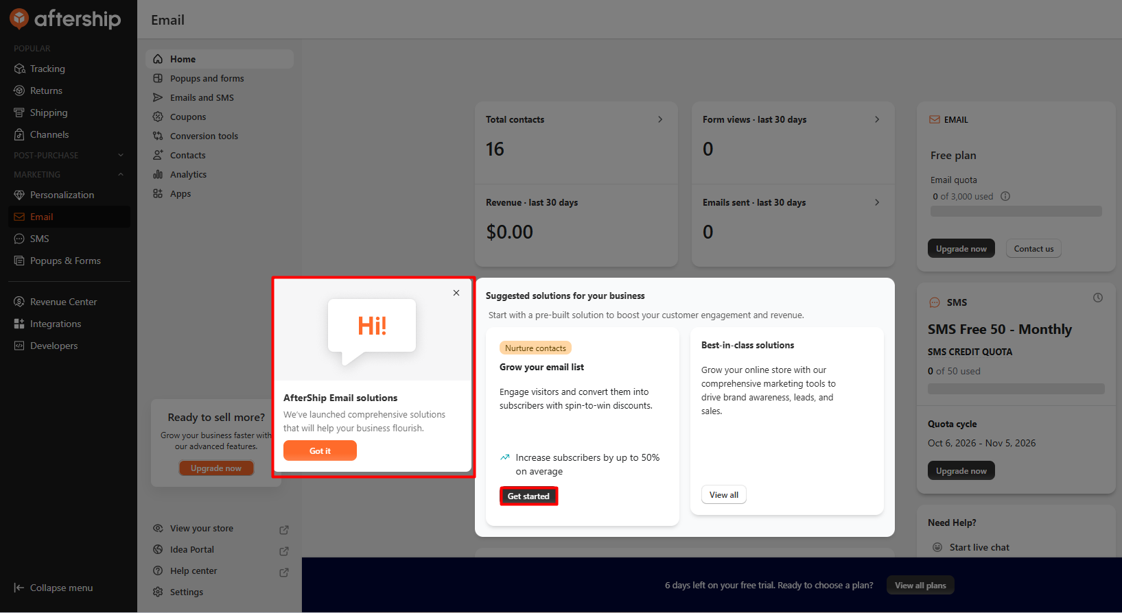 AfterShip Email Marketing, SMS home screen showing contacts, email quota on the free plan, 50 monthly SMS credits and a suggested spin-to-win setup