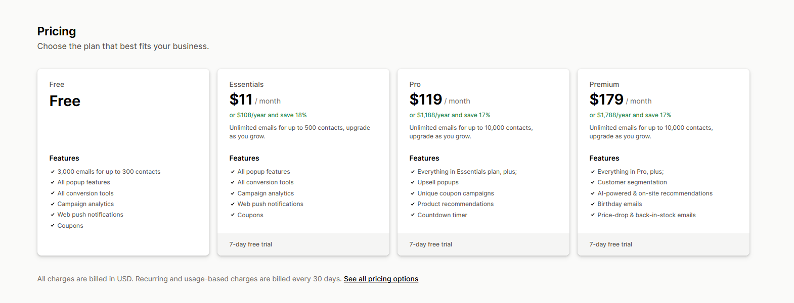AfterShip Email Marketing, SMS pricing plans showing Free, Essentials at $11 a month, Pro at $119 a month and Premium at $179 a month