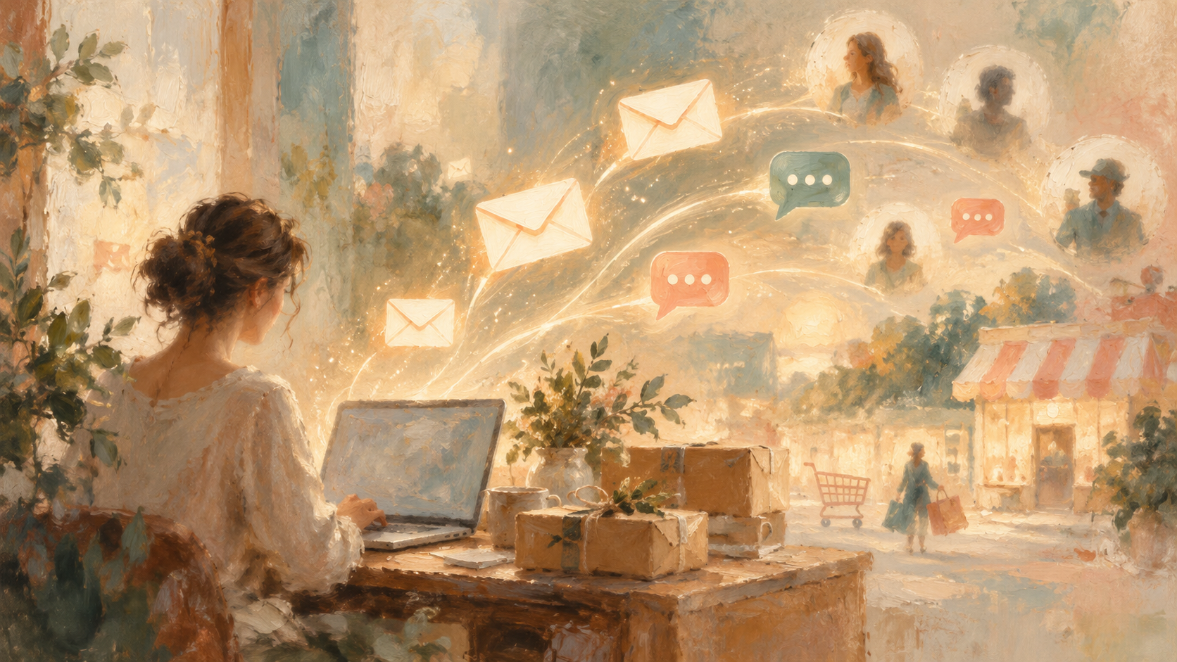 A soft impressionist painting of a shop owner at a laptop as envelopes and chat bubbles drift toward customers and a small storefront.