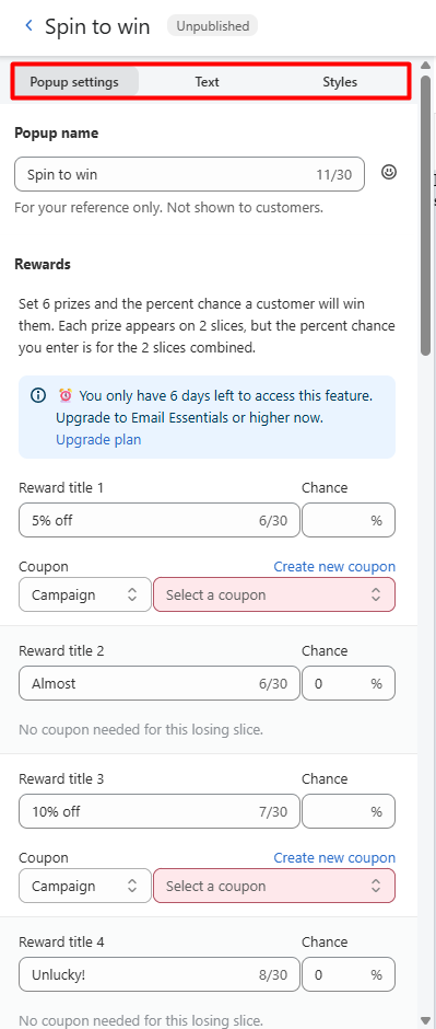 AfterShip Email spin-to-win popup editor with a notice saying the feature is available for 6 more days and asking to upgrade to Email Essentials or higher