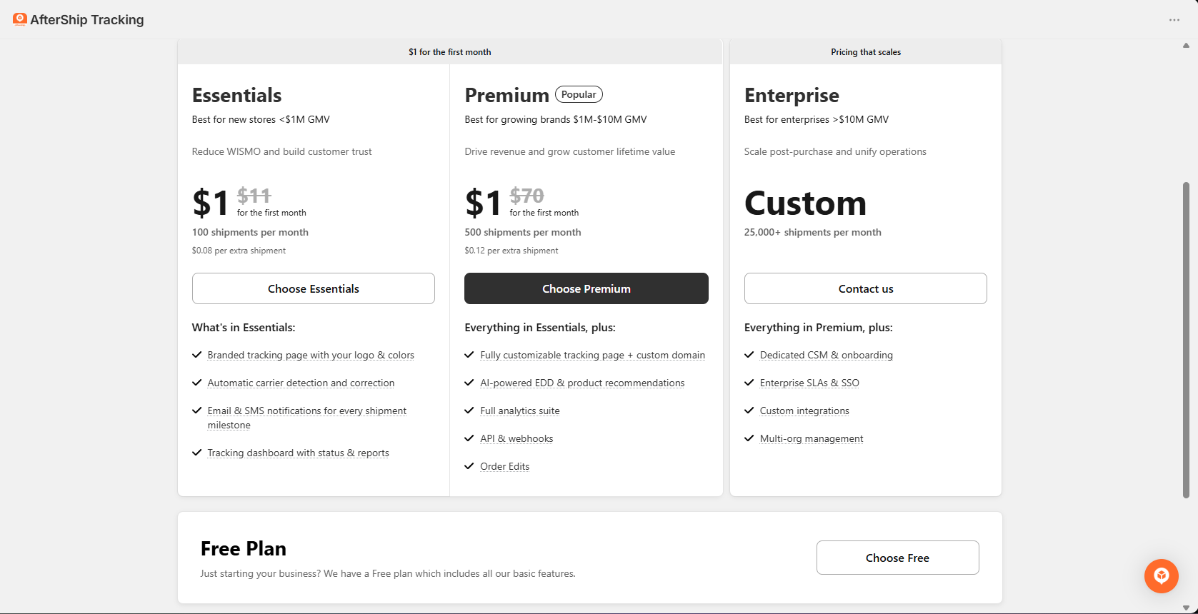 AfterShip in-app pricing with Essentials and Premium at $1 for the first month, regular prices of $11 and $70, shipment limits, per-shipment overage fees, a custom Enterprise plan and a Free plan