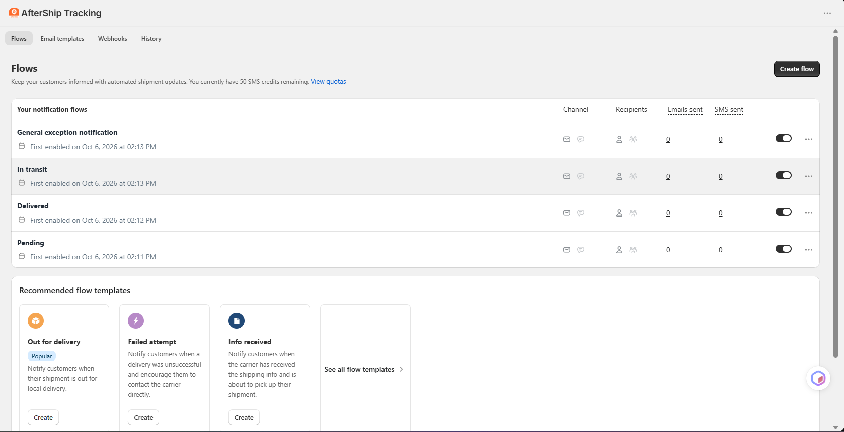 AfterShip notification flows with General exception, In transit, Delivered and Pending turned on, email and SMS channel icons, 50 SMS credits remaining and recommended flow templates