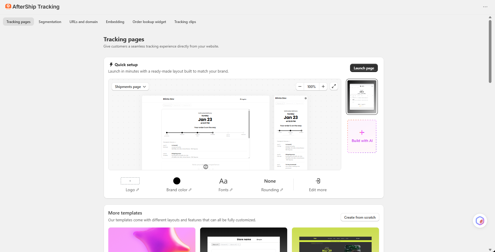 AfterShip tracking page builder with a ready-made Shipments page layout in desktop and mobile preview, Build with AI option and controls for logo, brand colour, fonts and rounding
