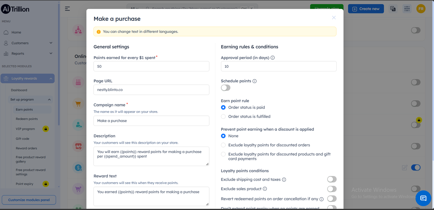 AiTrillion Make a purchase earning rule showing points earned for every dollar spent, an approval period in days, an order paid or fulfilled trigger, three options for preventing point earning when a discount is applied, and toggles to exclude shipping and taxes or revert redeemed points on cancellation