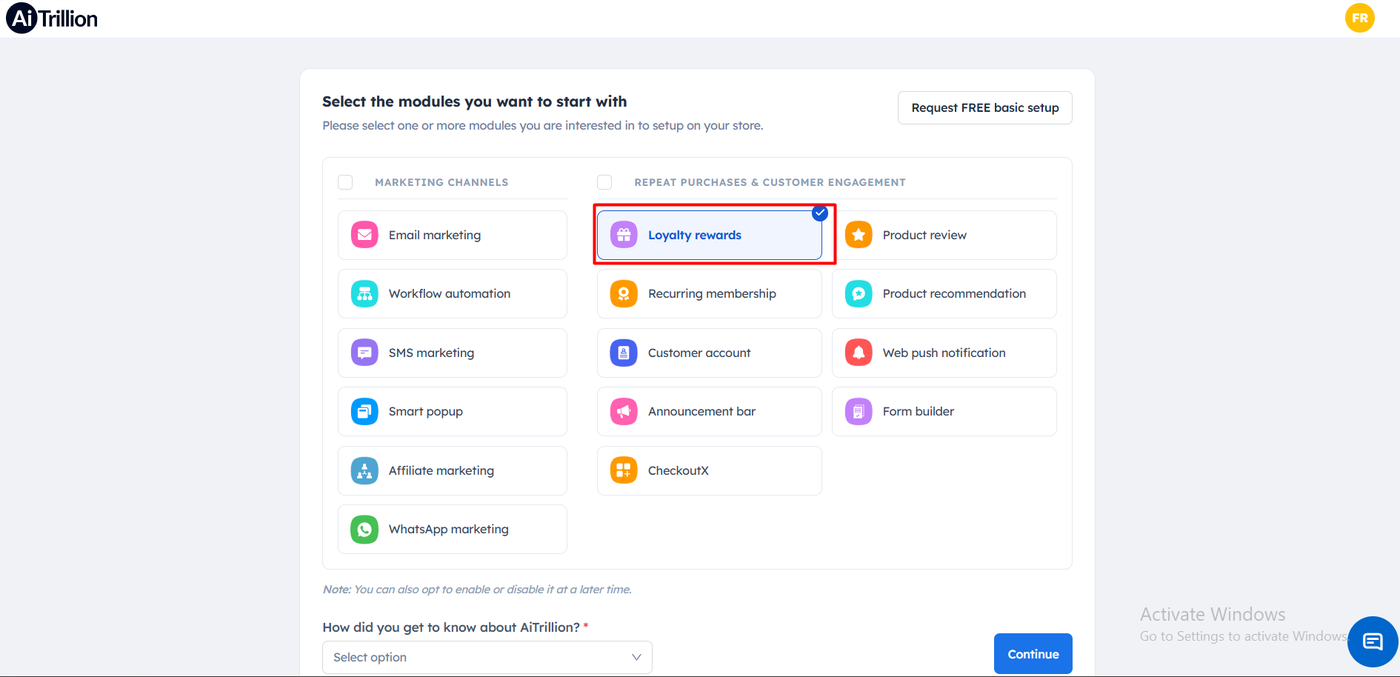 AiTrillion module picker showing fifteen modules grouped under marketing channels and repeat purchases and customer engagement, with Loyalty rewards selected