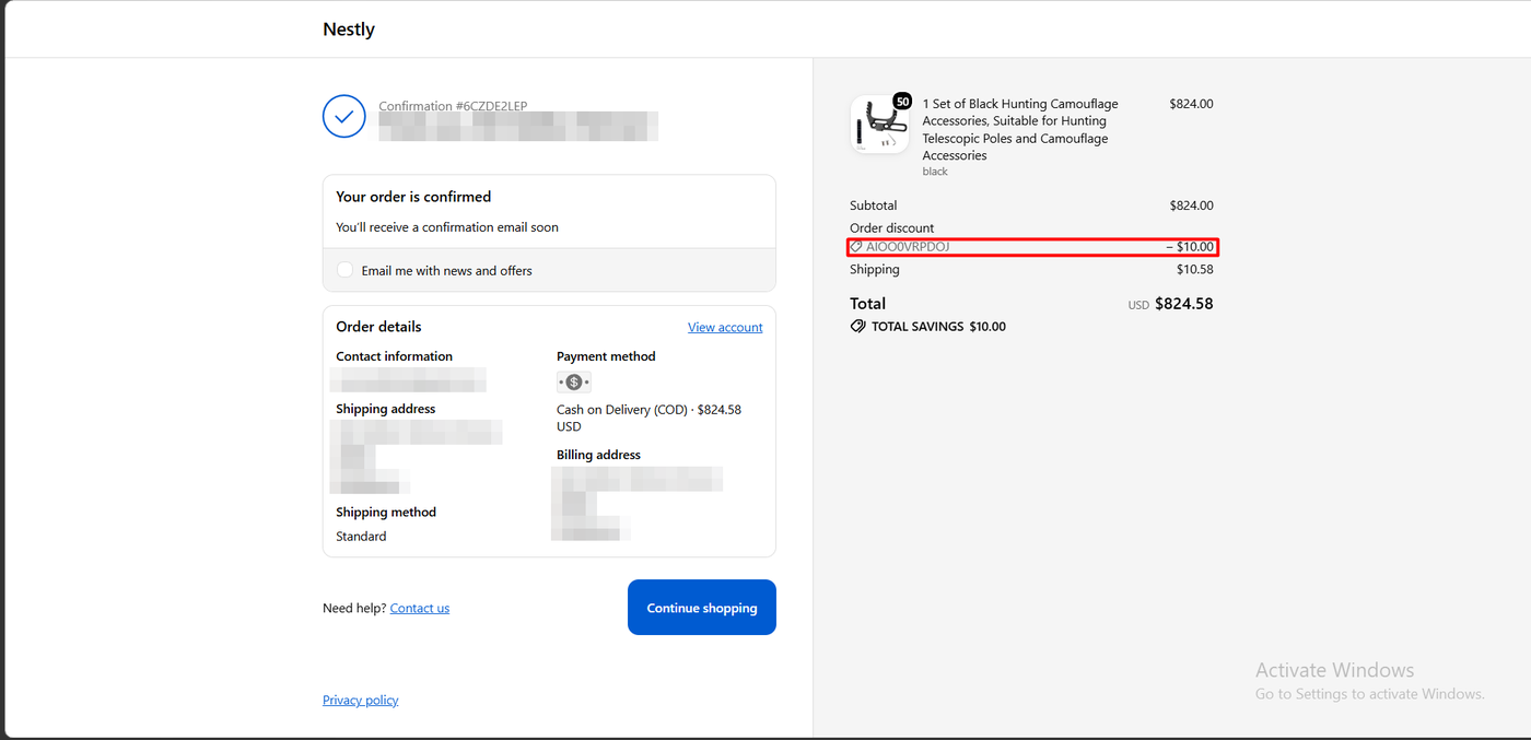 Shopify order confirmation showing an AiTrillion discount code applied as a 10 dollar order discount with total savings of 10 dollars and a total of 824.58