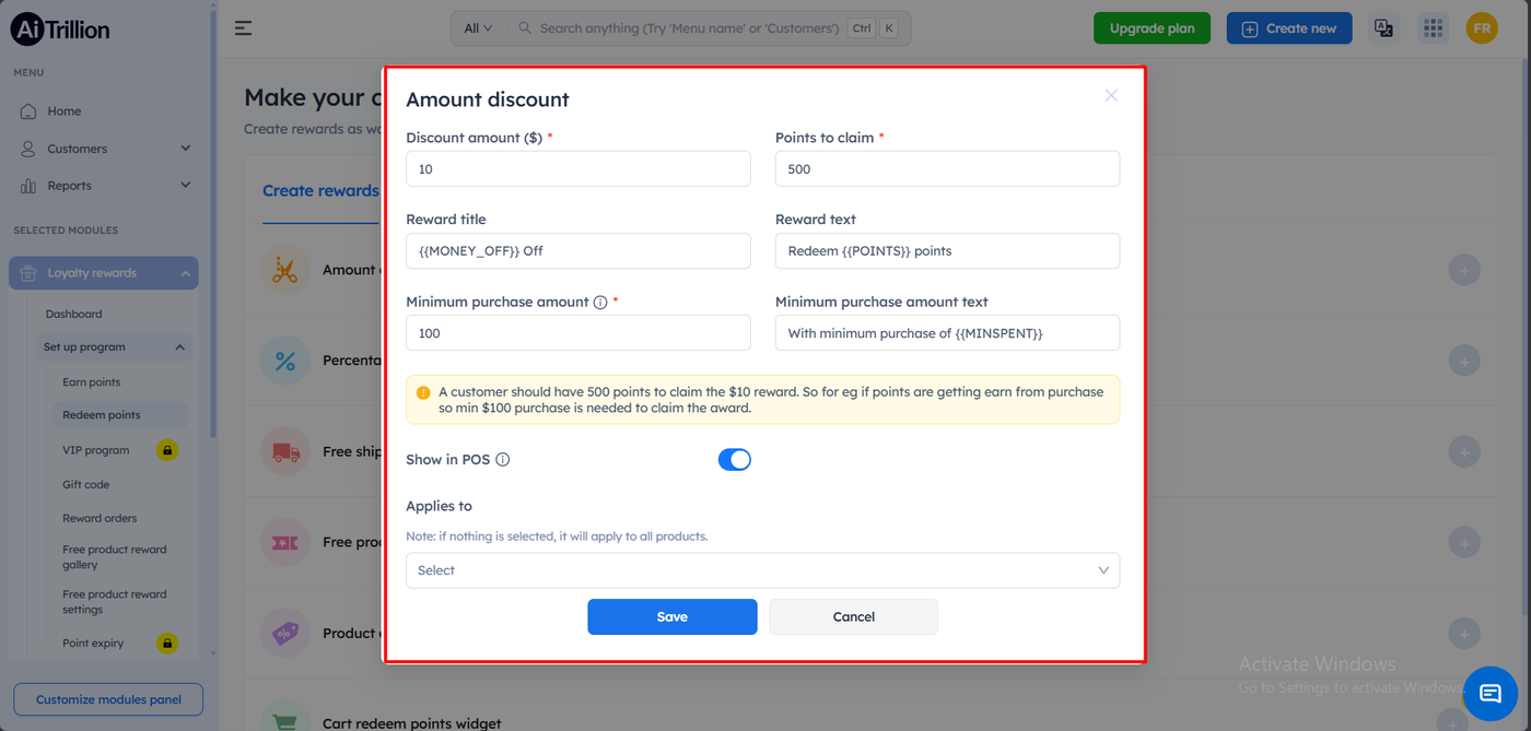 AiTrillion amount discount reward configuration showing a 10 dollar discount for 500 points with a 100 dollar minimum purchase, an explanatory note about the points maths, and a Show in POS toggle