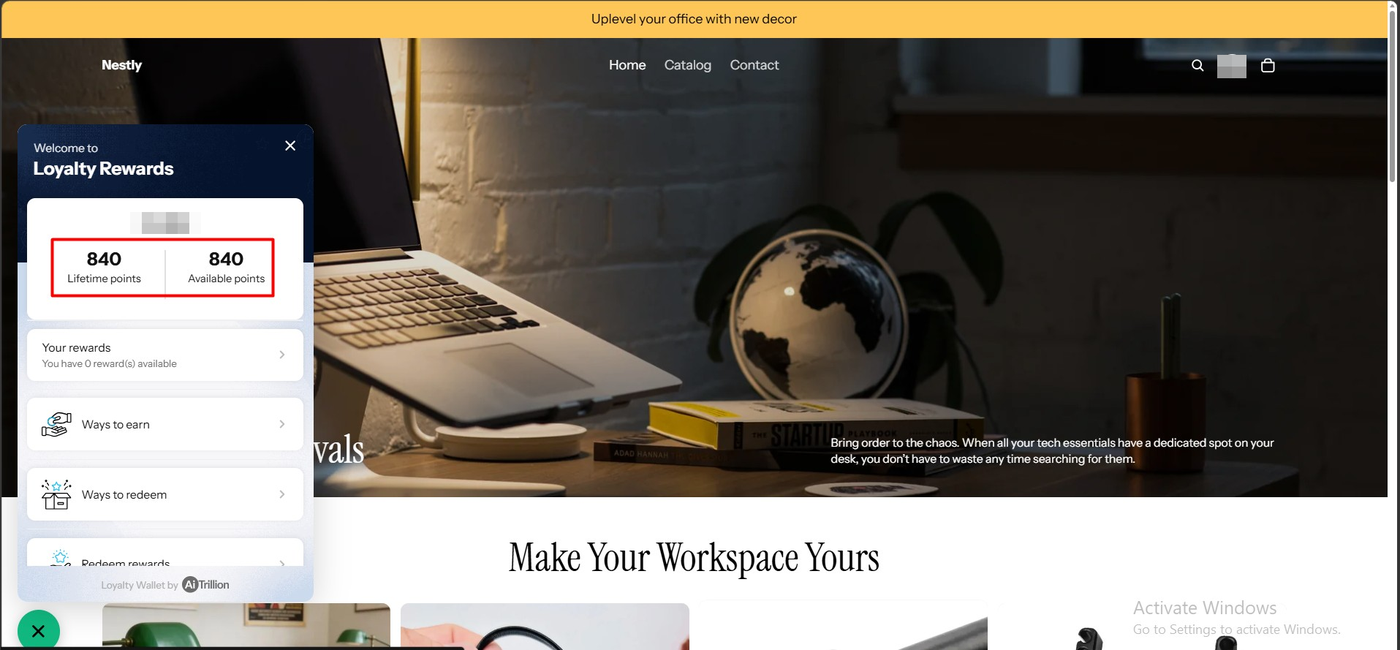 AiTrillion Loyalty Wallet widget open on a Shopify storefront showing 840 lifetime points and 840 available points, with links to your rewards, ways to earn, ways to redeem and redeem rewards