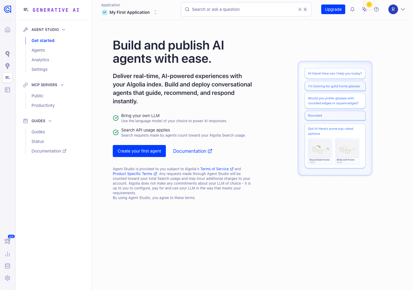 Algolia Generative AI Agent Studio page with Get started, Agents, Analytics and Settings in the side menu, a Bring your own LLM note, a note that agent search requests count toward Algolia Search usage, and terms saying the merchant configures and pays for their chosen language model