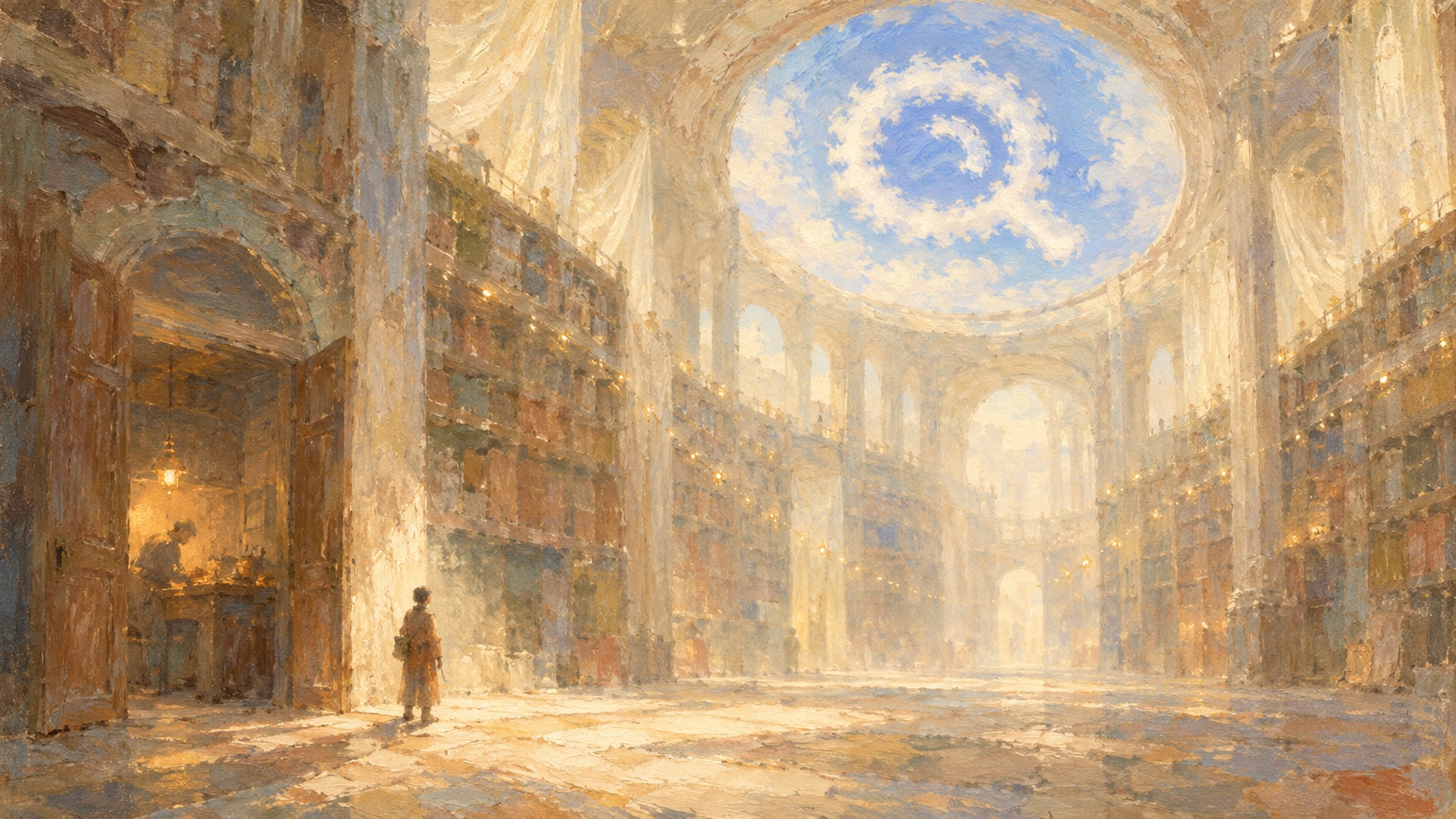 A soft vintage oil painting of a small figure on a sunlit chequered floor inside a vast archive hall, with tall shelves dotted with tiny lights, an open wooden door at the left onto a lamplit workshop where someone works at a bench, pale curtains draped over the upper galleries, and a ring-shaped white cloud in a blue sky seen through a round skylight.
