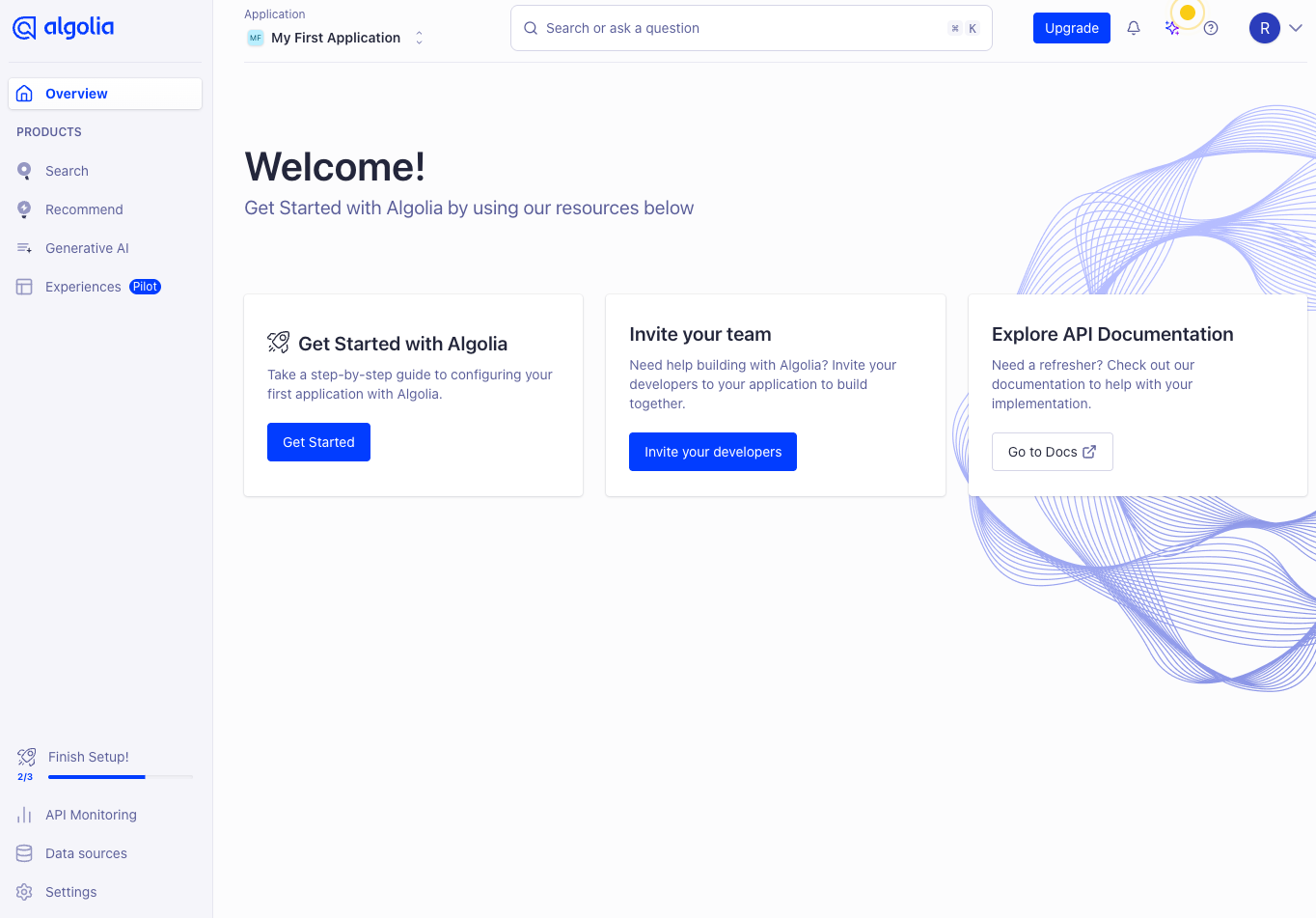 Algolia dashboard Welcome page with Search, Recommend, Generative AI and Experiences (Pilot) in the side menu, Get Started, Invite your team and Explore API Documentation cards, and a Finish Setup progress bar at 2 of 3
