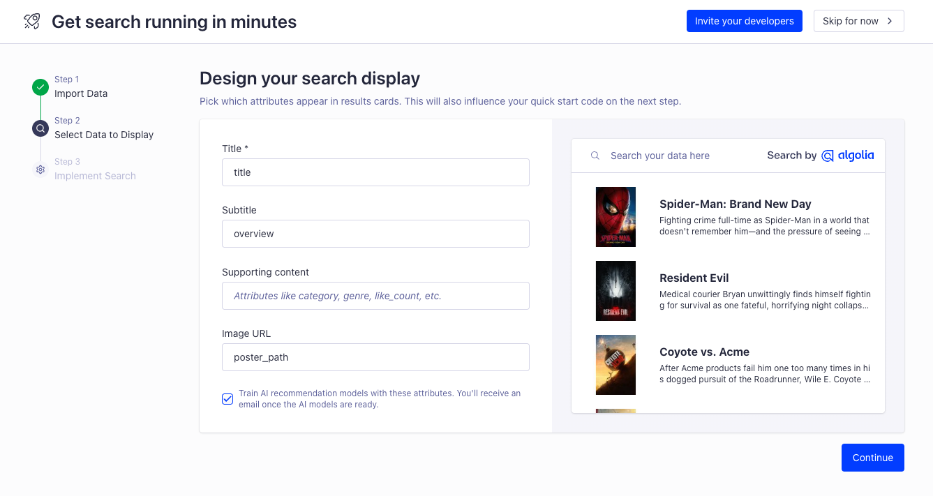 Algolia’s Get search running in minutes onboarding at Step 2, Select Data to Display, with Title, Subtitle, Supporting content and Image URL fields on the left, a live preview of movie search results on the right, and a checkbox to train AI recommendation models
