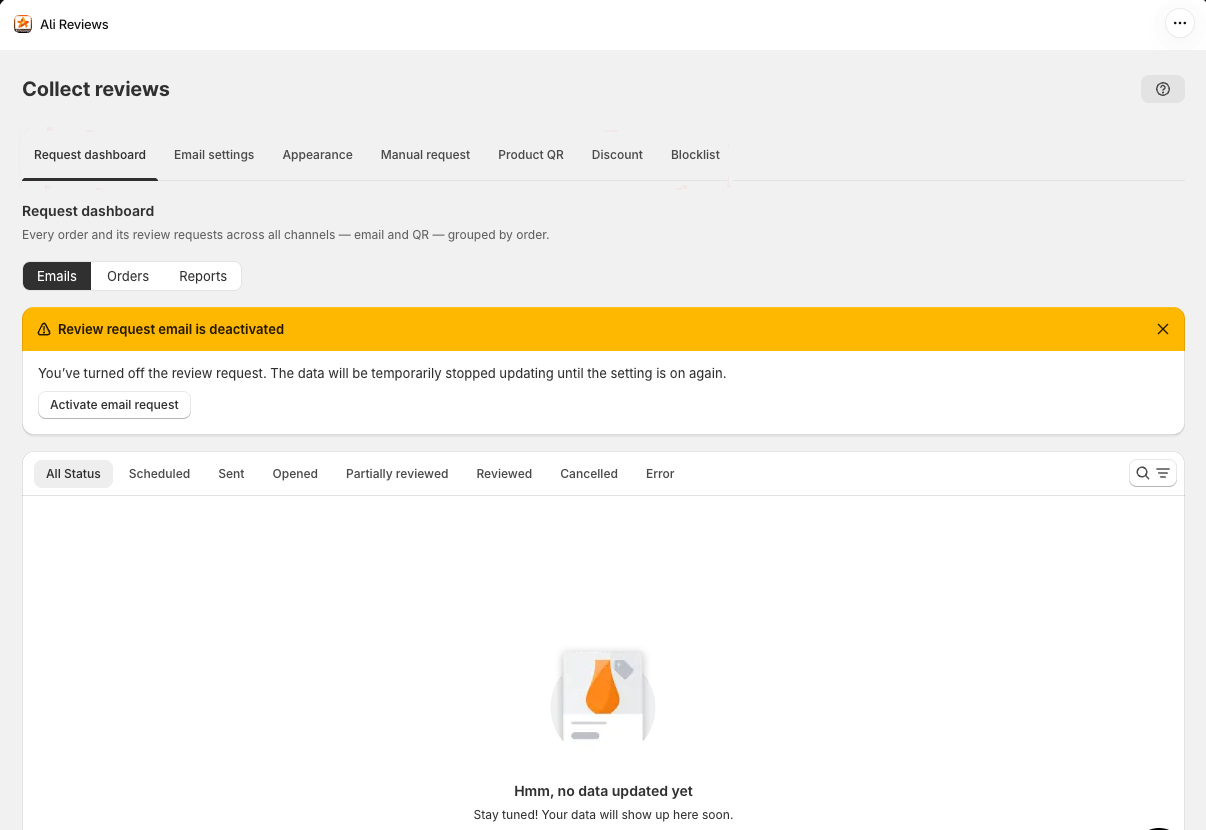 Ali Reviews Collect reviews page on the Request dashboard tab, with tabs for Email settings, Appearance, Manual request, Product QR, Discount and Blocklist, a banner reading Review request email is deactivated with an Activate email request button, status filters from Scheduled to Error, and an empty state with no data yet