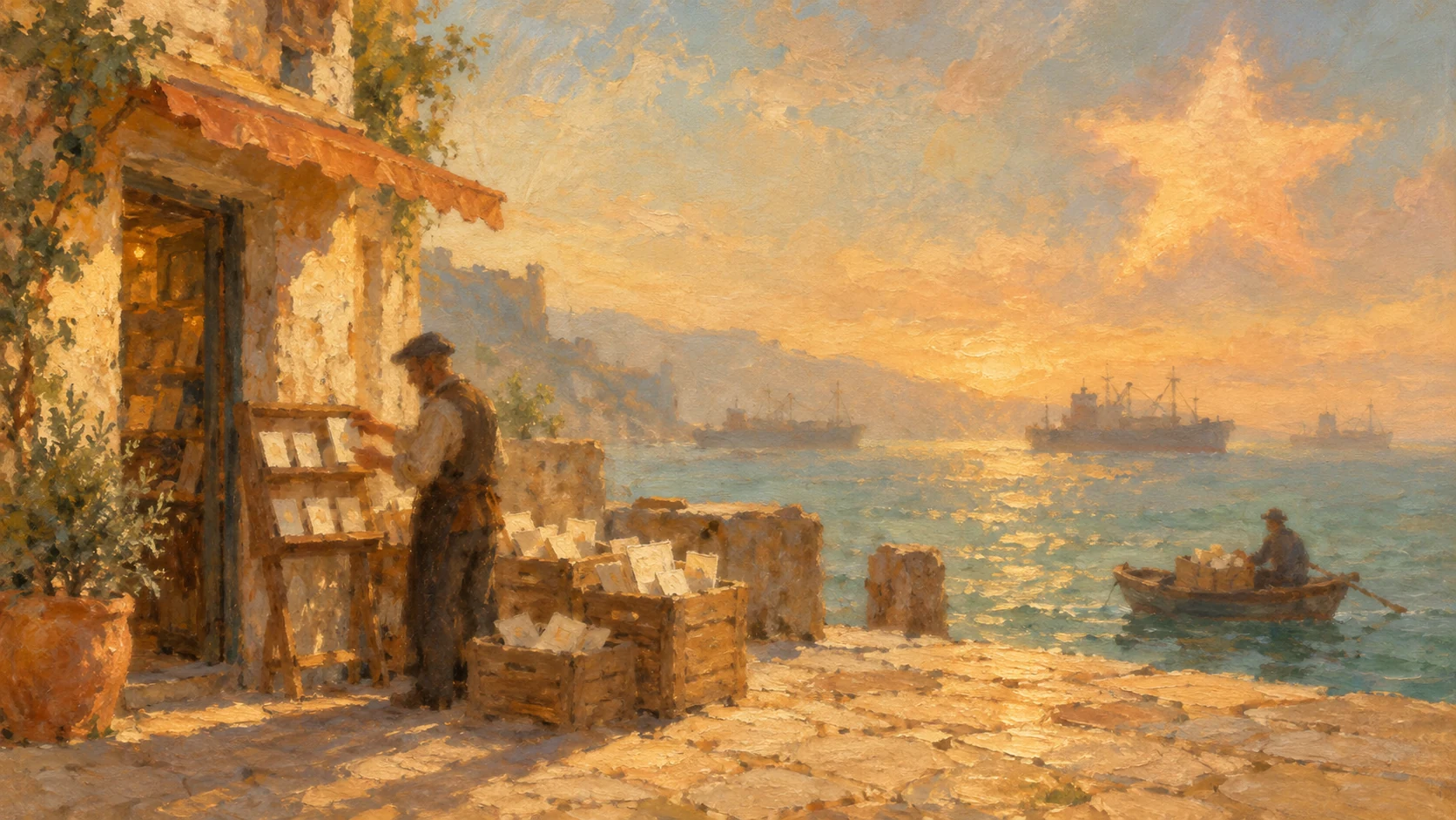 A painted merchant on a sunlit harbour quay setting pale cards on a small shop rack beside crates of waiting cards, as a rowboat brings another crate from distant ships beneath a soft apricot star-shaped cloud