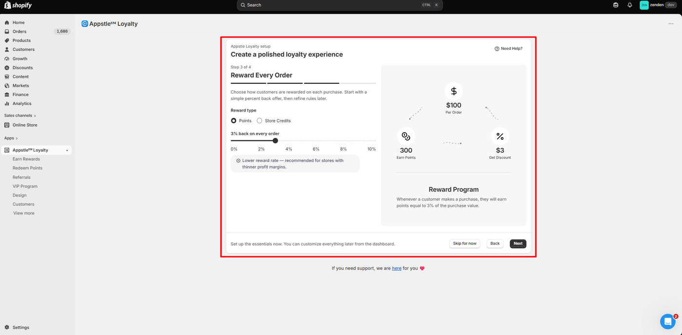 Appstle Loyalty onboarding step three showing a 3 percent back on every order slider and a preview of 300 points and a 3 dollar discount for a 100 dollar order