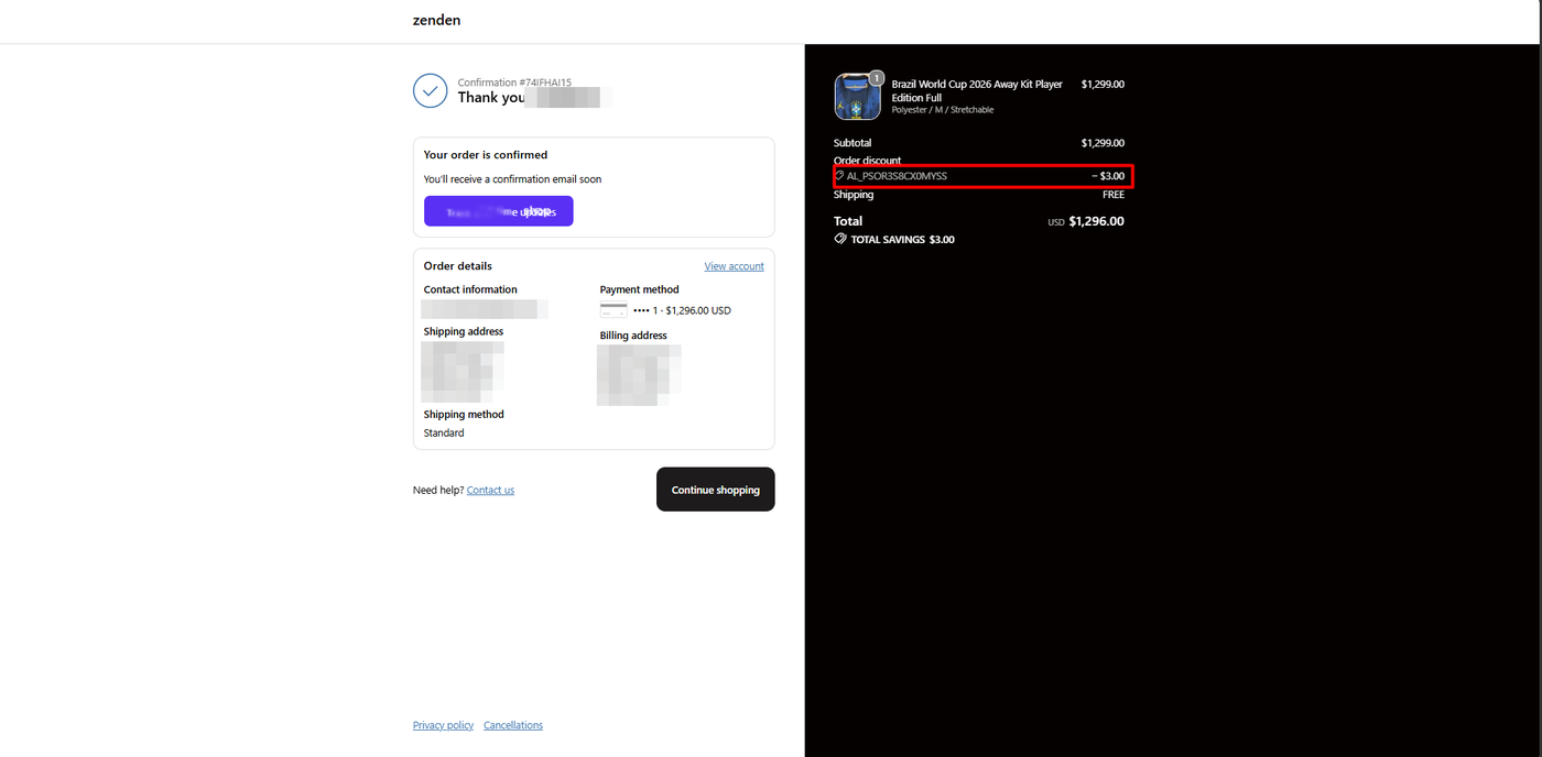 Shopify order confirmation showing an Appstle Loyalty coupon applied as a 3 dollar order discount with total savings of 3 dollars on a 1,299 dollar order