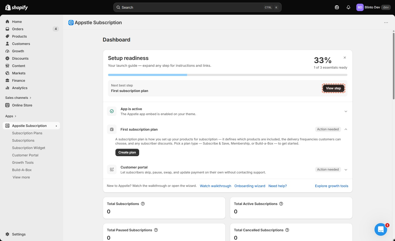 Appstle dashboard showing setup readiness, subscription totals, and buyer portal configuration