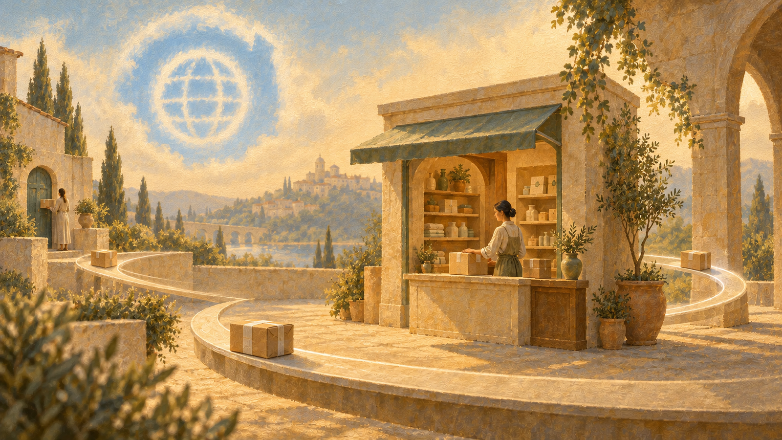 A merchant preparing recurring orders along a looping route beneath an Appstle-inspired sky emblem