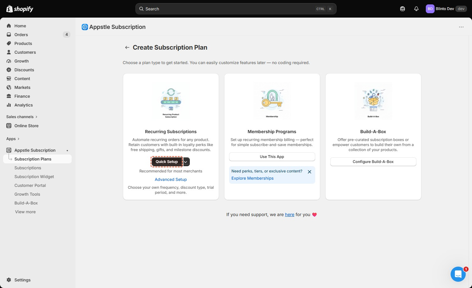 Appstle plan chooser presenting recurring subscriptions, memberships, and Build-A-Box
