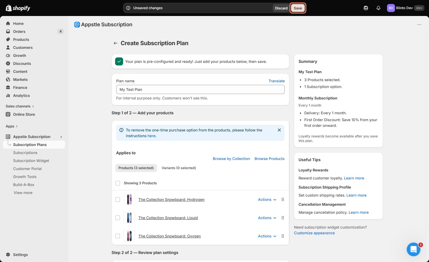 Appstle plan review showing three products, monthly delivery, and a 10 percent first-order discount