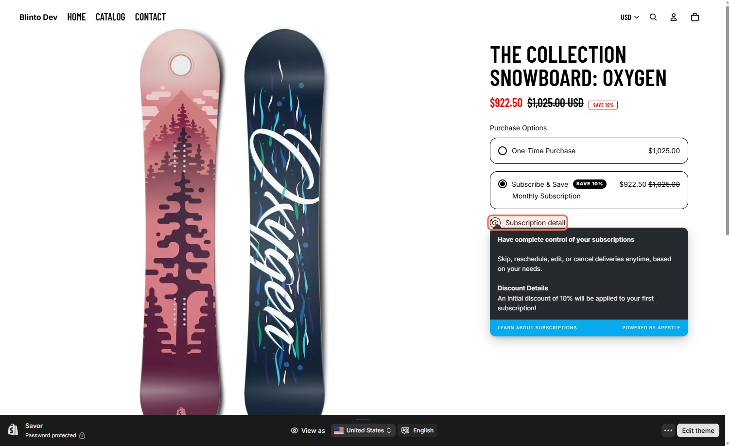 Shopify product page showing a selected monthly Appstle Subscribe and Save option with its subscription details open