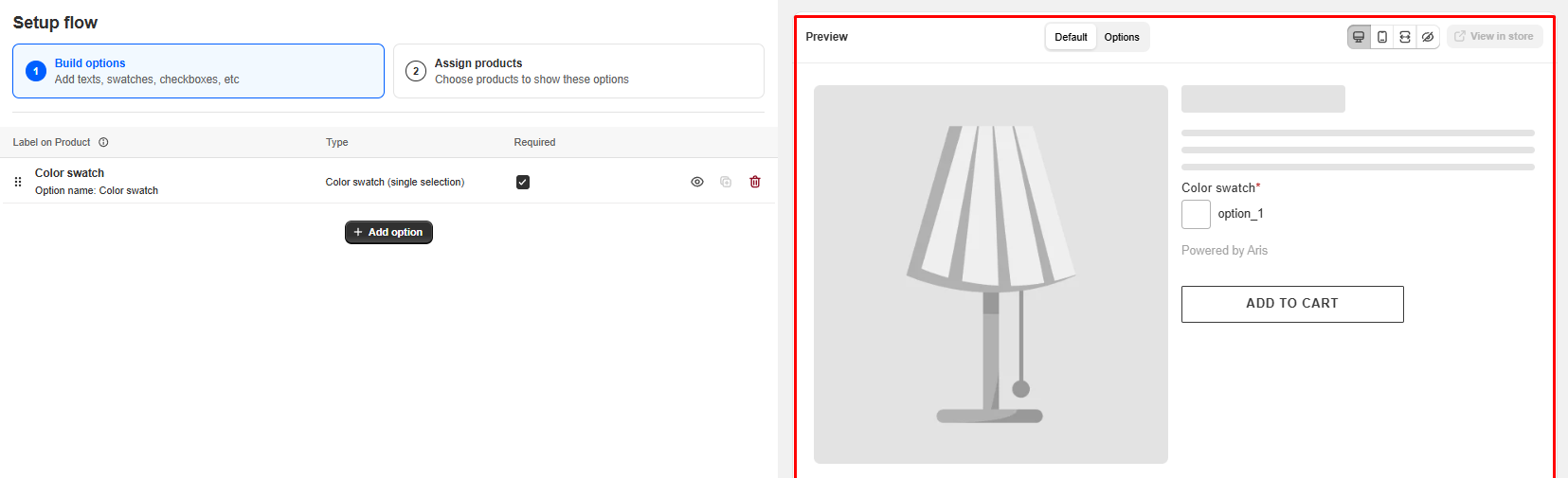 Aris Product Options option set editor with Build options and Assign products steps, a required Color swatch option, and a live preview of a product page showing the swatch above the Add to Cart button