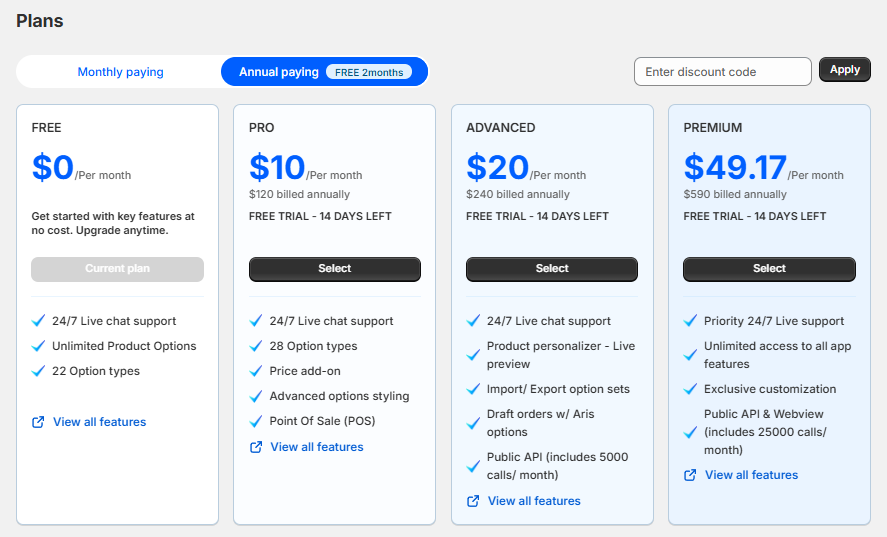 Aris Product Options plans page on annual billing: Free at $0, PRO at $10 per month, Advanced at $20 per month, and Premium at $49.17 per month, with a 14-day free trial on paid plans