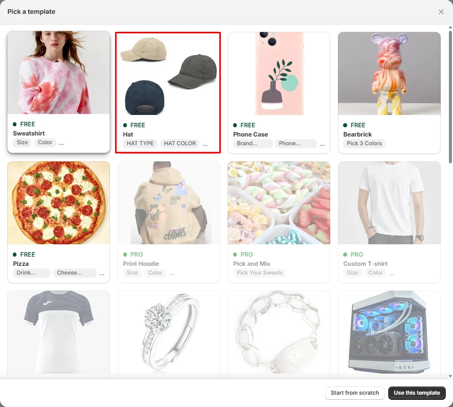 Aris Product Options Pick a template window with free templates for Sweatshirt, Hat, Phone Case, Bearbrick, and Pizza, and PRO templates for Print Hoodie, Pick and Mix, and Custom T-shirt