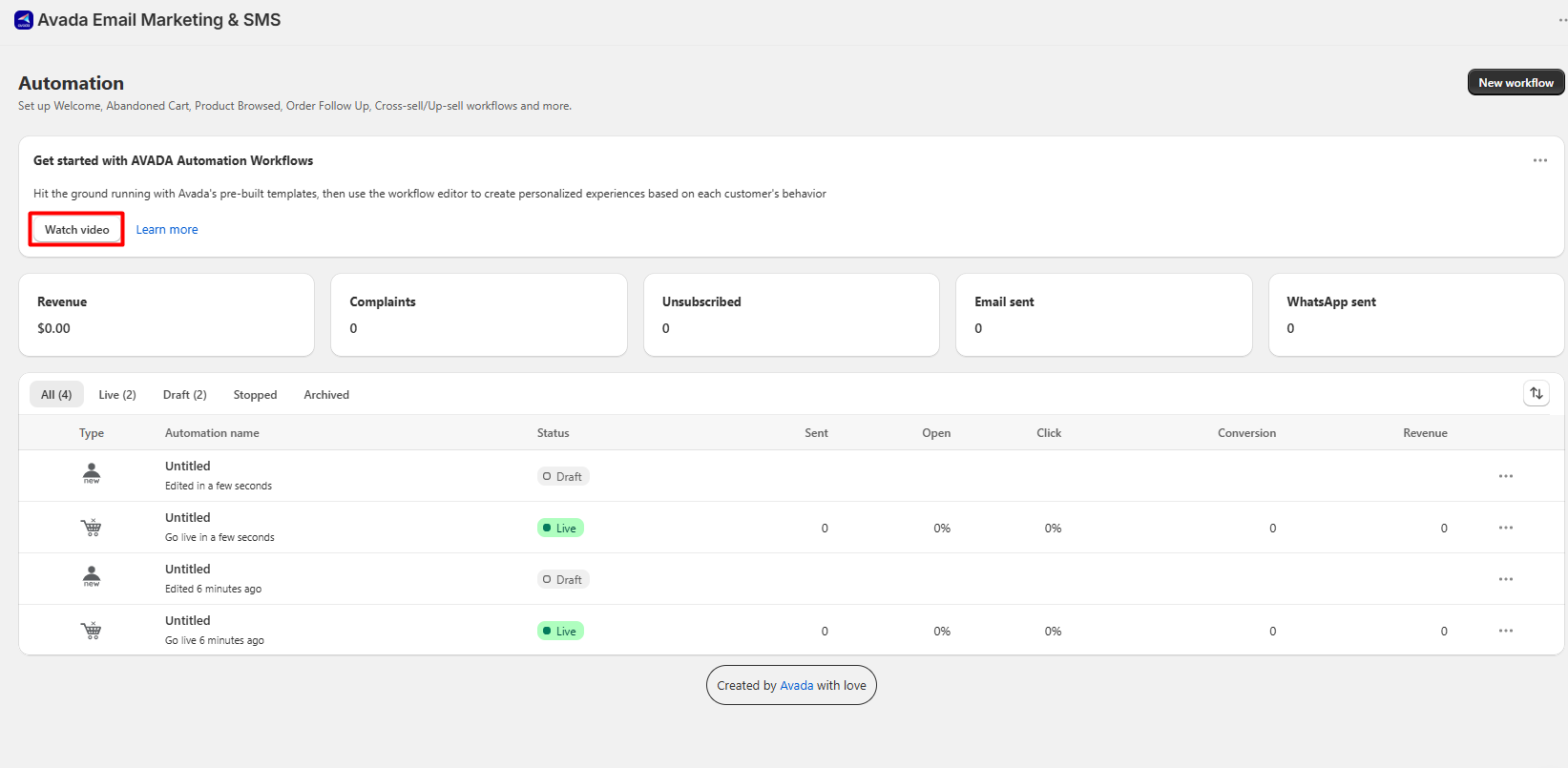 AVADA automation page listing workflows
