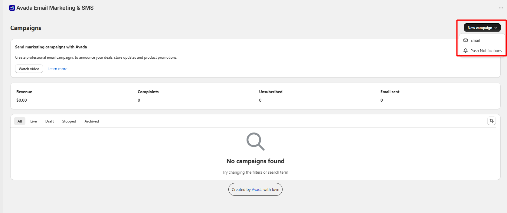 AVADA email campaign area