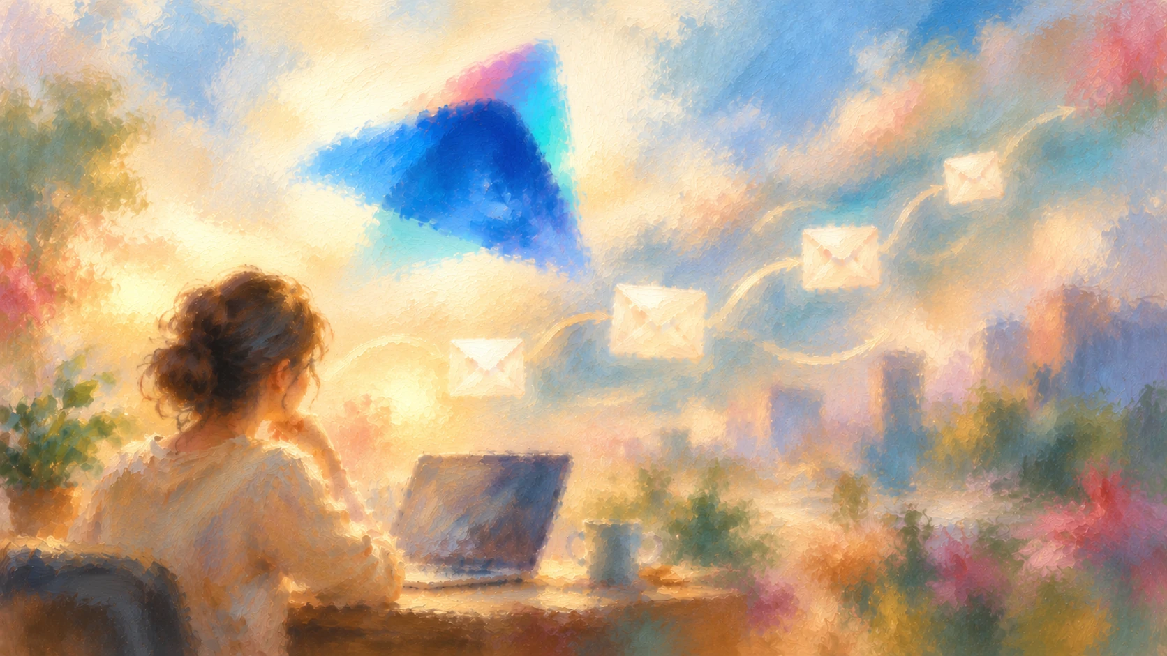 A soft impressionist painting of a merchant at a laptop as email messages flow through a hazy automation path beneath an AVADA-inspired sky emblem.