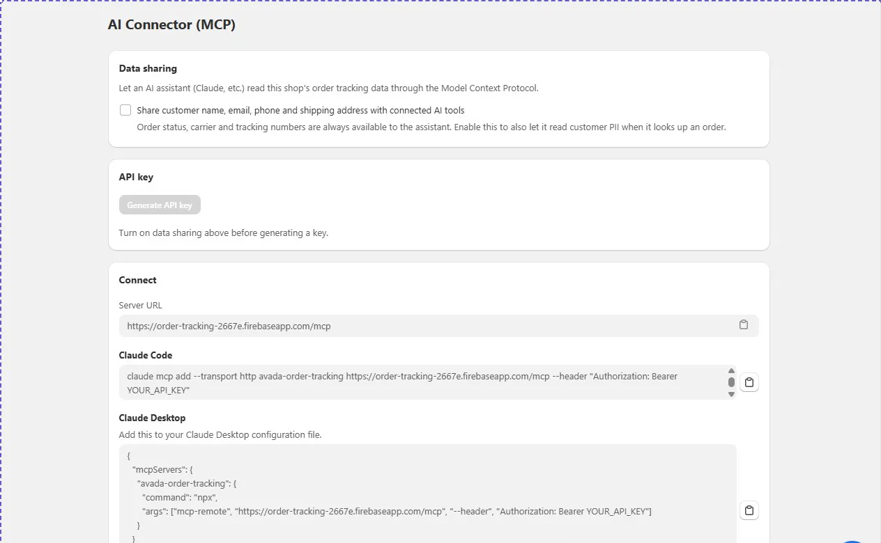 Avada AI Connector page with a Data sharing option for customer name, email, phone and shipping address, a disabled Generate API key button, and a Connect section with a server URL and setup commands for Claude Code and Claude Desktop