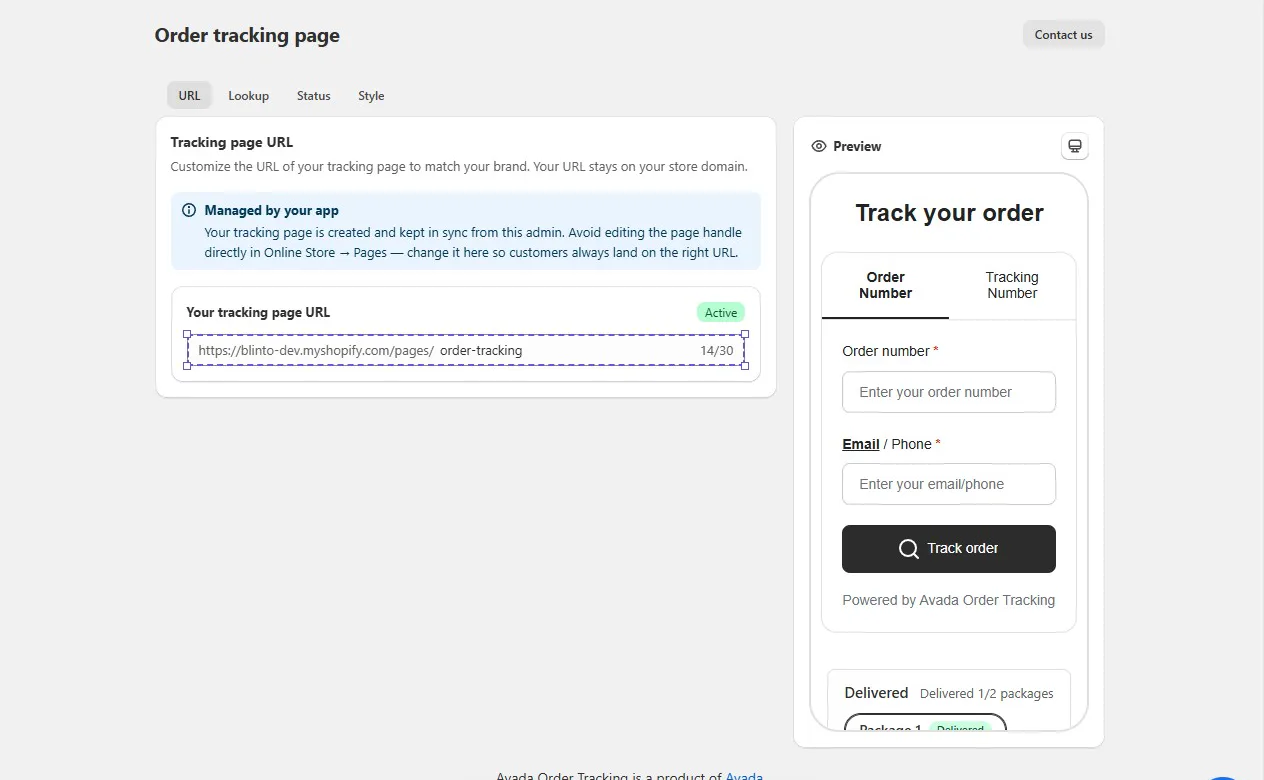 Avada Order Tracking page settings with URL, Lookup, Status and Style tabs, an active tracking page URL on the store’s myshopify domain, and a preview of the Track your order form with Order Number and Tracking Number tabs