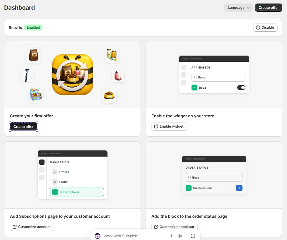 Beez dashboard in Shopify admin showing Beez is Enabled with a Disable button, a Language menu and Create offer button, and four setup cards: Create your first offer, Enable the widget on your store, Add Subscriptions page to your customer account, and Add the block to the order status page