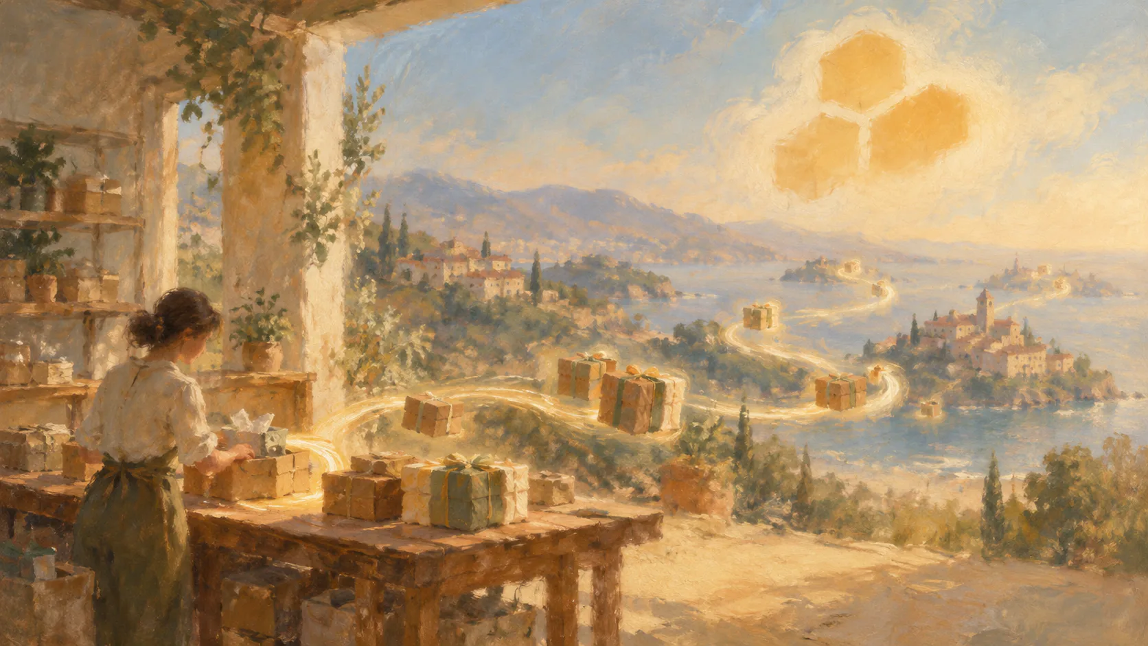 Oil painting of a woman wrapping gift boxes at a sunlit workbench as parcels float along a glowing trail toward coastal hill towns, beneath a soft golden cloud shaped like three honeycomb cells