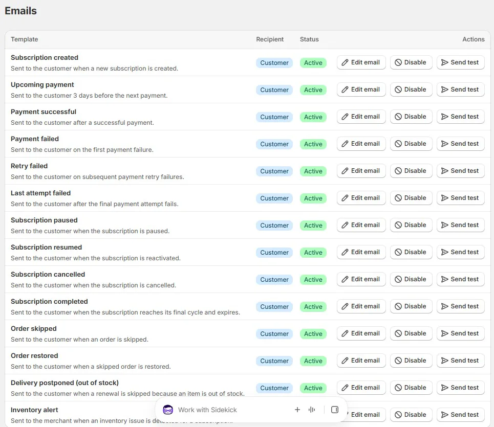 Beez Emails screen listing customer email templates, all Active, including Subscription created, Upcoming payment, Payment successful, Payment failed, Retry failed, Last attempt failed, Subscription paused, resumed, cancelled and completed, Order skipped, Order restored, Delivery postponed (out of stock) and an Inventory alert sent to the merchant, each with Edit email, Disable and Send test buttons