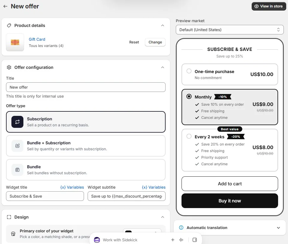 Beez New offer screen with a Gift Card product and its four variants selected, Offer type set to Subscription with Bundle + Subscription and Bundle as alternatives, widget title Subscribe & Save, and a live preview showing One-time purchase at US$10.00, Monthly at US$9.00 with 10% off, and Every 2 weeks at US$8.00 with 20% off marked Best value