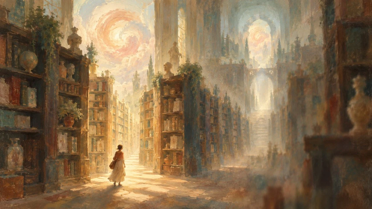 A soft vintage oil painting of a shopper walking down a sunlit aisle in a vast library of shelves, with a pale coral swirl in the clouds above.