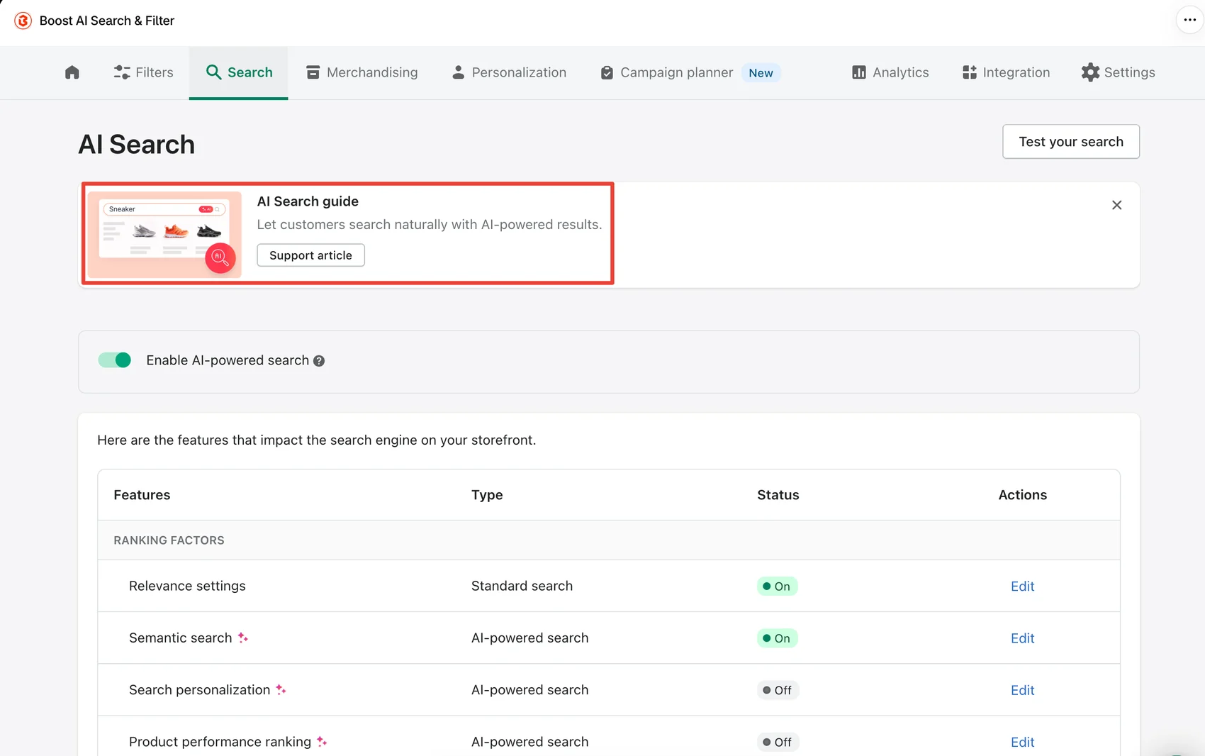 Boost AI Search settings with semantic search turned on and search personalization turned off