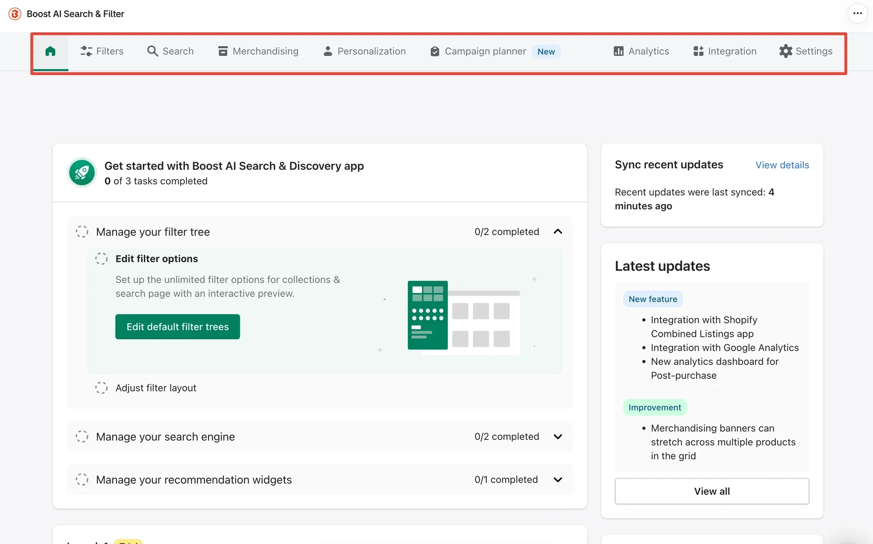 Boost AI Search & Filter dashboard showing the main navigation tabs and the get-started checklist