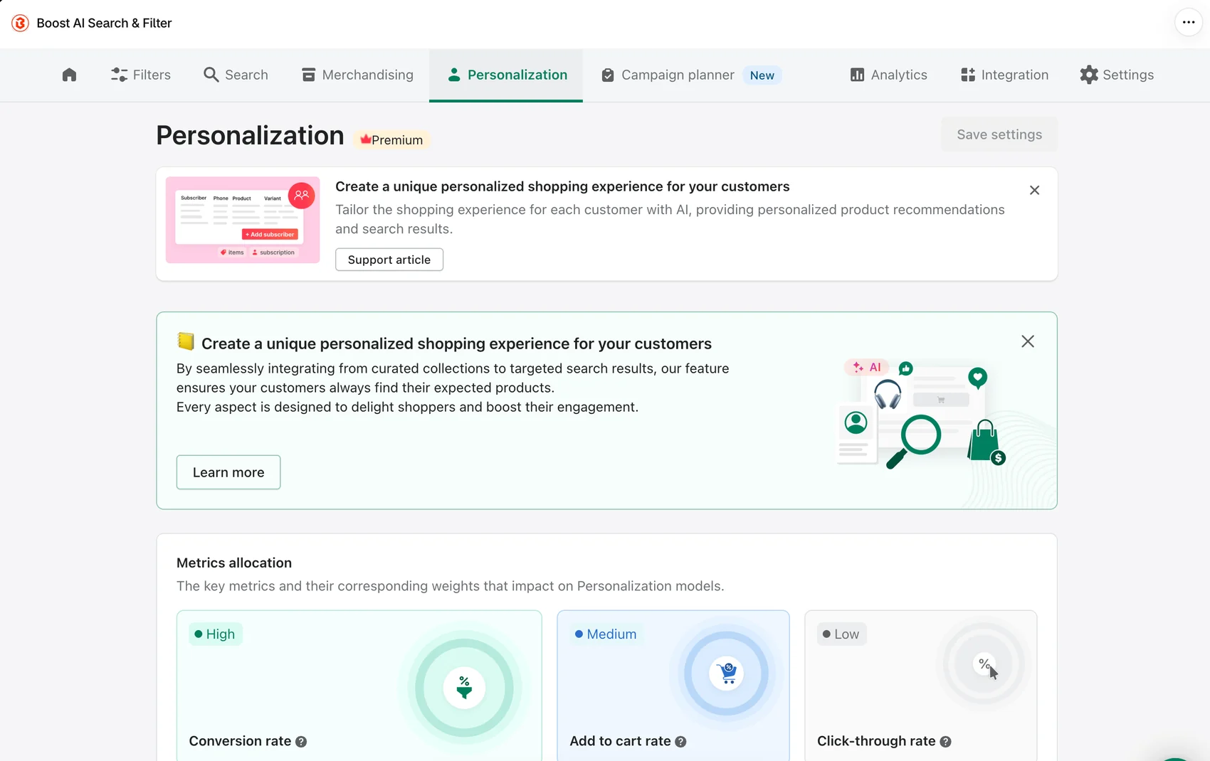 Boost Personalization page marked Premium, with conversion rate, add-to-cart rate, and click-through rate weightings