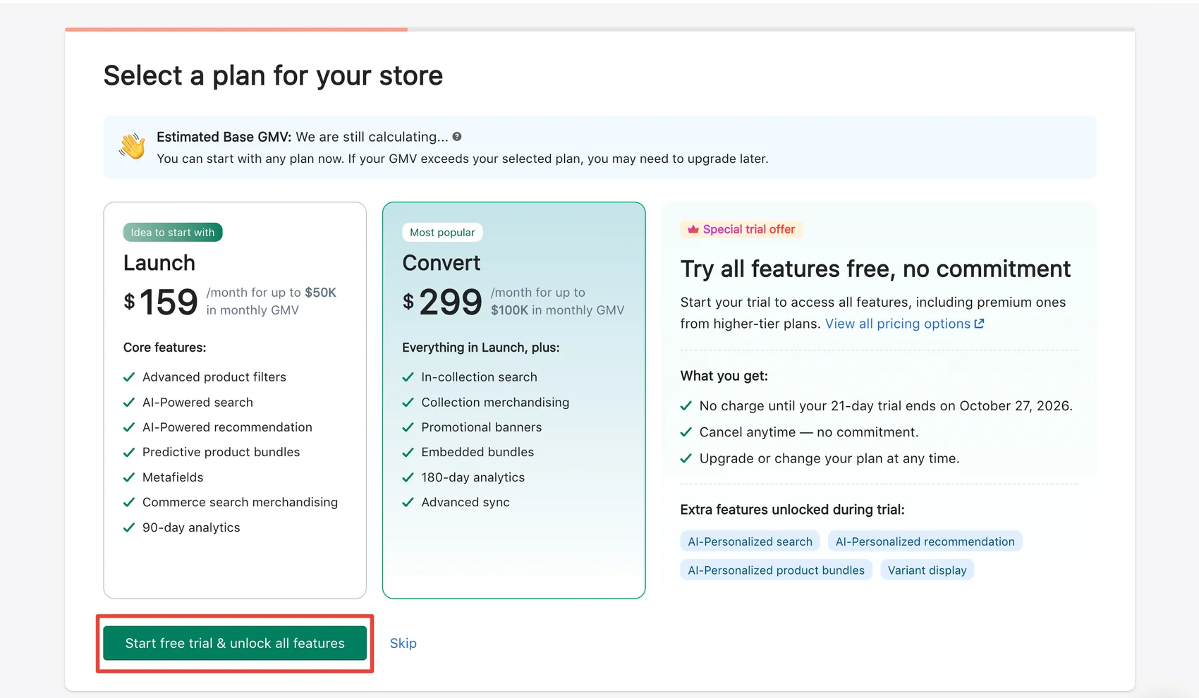 Boost plan selection screen showing Launch at $159 and Convert at $299 per month, with the 21-day trial offer