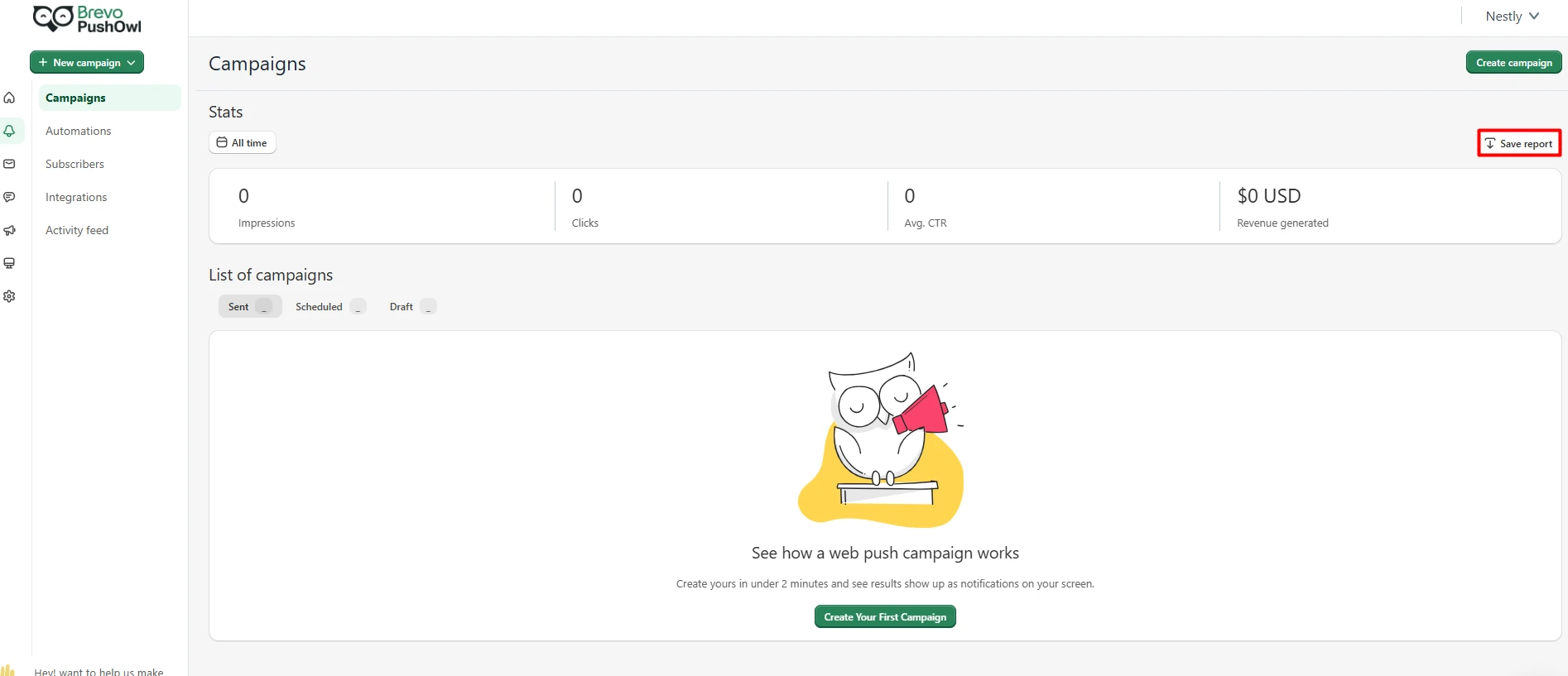 Brevo PushOwl campaign dashboard