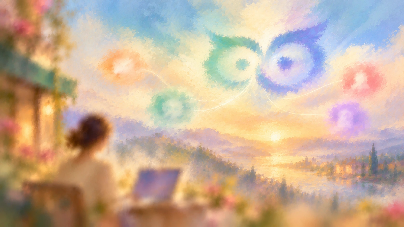 A hazy pastel painting of a merchant using connected marketing channels beneath a soft PushOwl-inspired owl emblem in the sky.